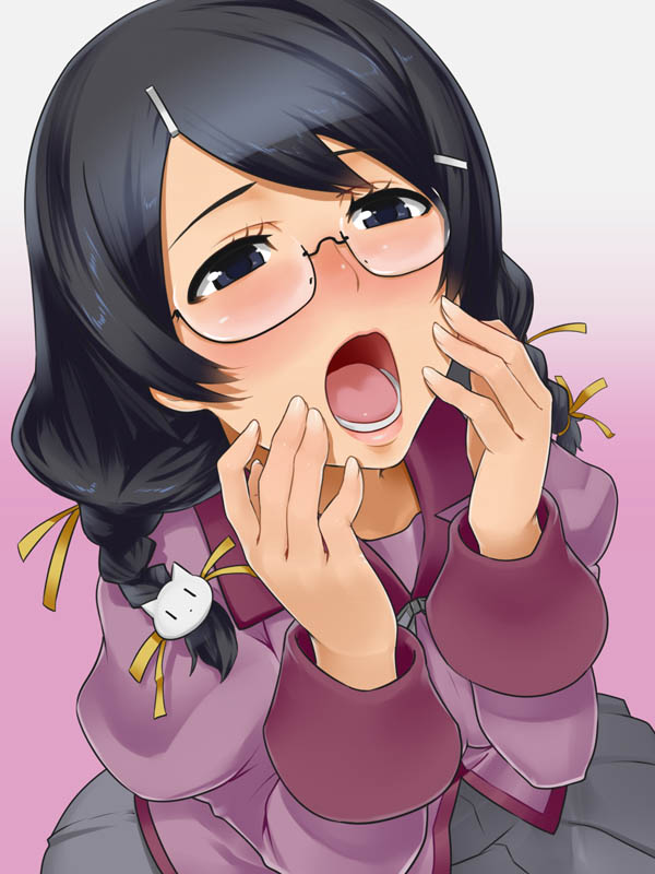 black_hair, blue_eyes, braid, glasses, hair_ornament, hanekawa_tsubasa, ldl, long_hair, monogatari_(series), open_mouth, school_uniform, twin_braids