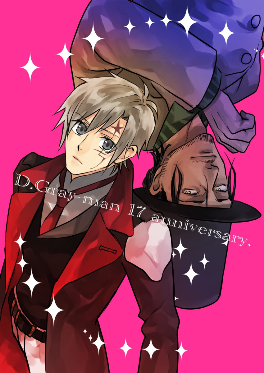 2boys, allen_walker, anniversary, beard, belt, black_belt, black_coat, black_hair, black_hat, black_vest, brown_coat, buttons, coat, collared_coat, collared_shirt, d.gray-man, dark-skinned_male, dark_skin, dress_shirt, english_text, facial_hair, facial_mark, forehead_mark, from_above, gloves, green_shirt, grey_eyes, grey_hair, hair_between_eyes, hat, highres, koshian_(mruc9), large_hat, light_smile, looking_at_viewer, male_focus, mana_walker, mature_male, multiple_boys, mustache, necktie, open_clothes, open_coat, pants, pink_background, red_necktie, rotational_symmetry, scar, scar_across_eye, scar_on_face, shirt, short_hair, sidelocks, simple_background, single_glove, sparkle, star_(symbol), star_facial_mark, striped_clothes, striped_coat, striped_shirt, vertical-striped_coat, vest, white_gloves, white_pants, white_shirt, yellow_eyes