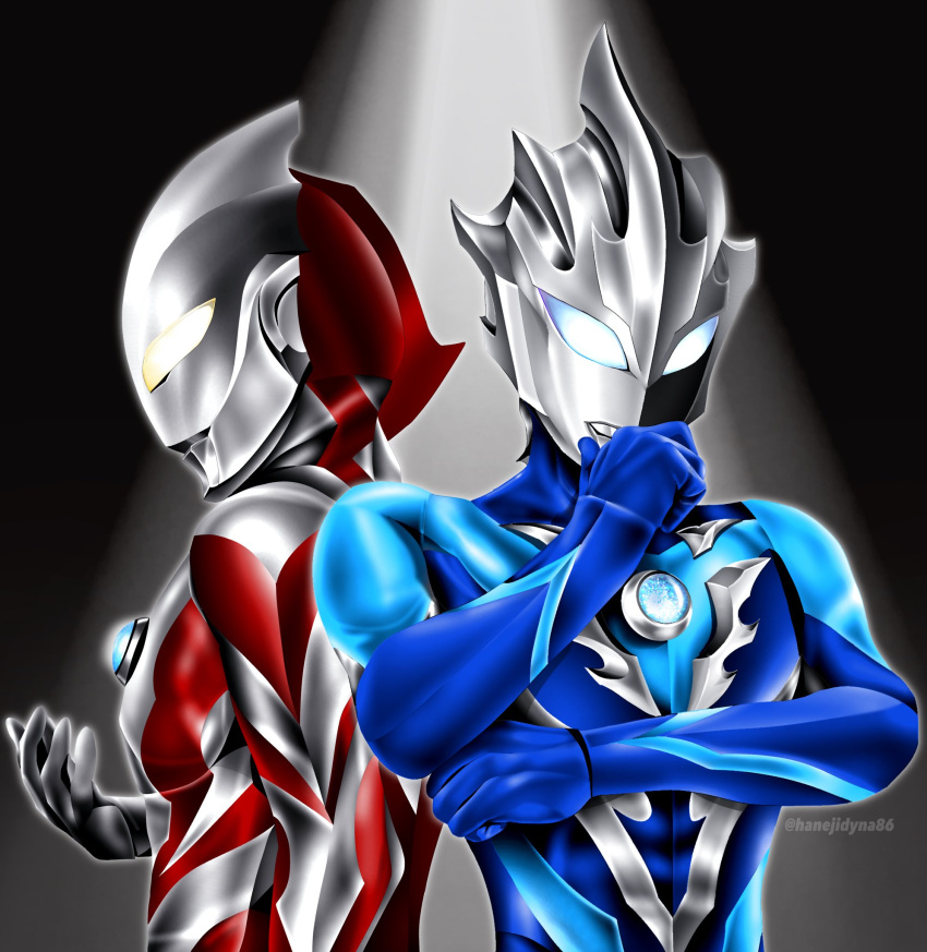 2boys, alien, arm_at_side, black_background, blue_eyes, blue_skin, color_timer, colored_skin