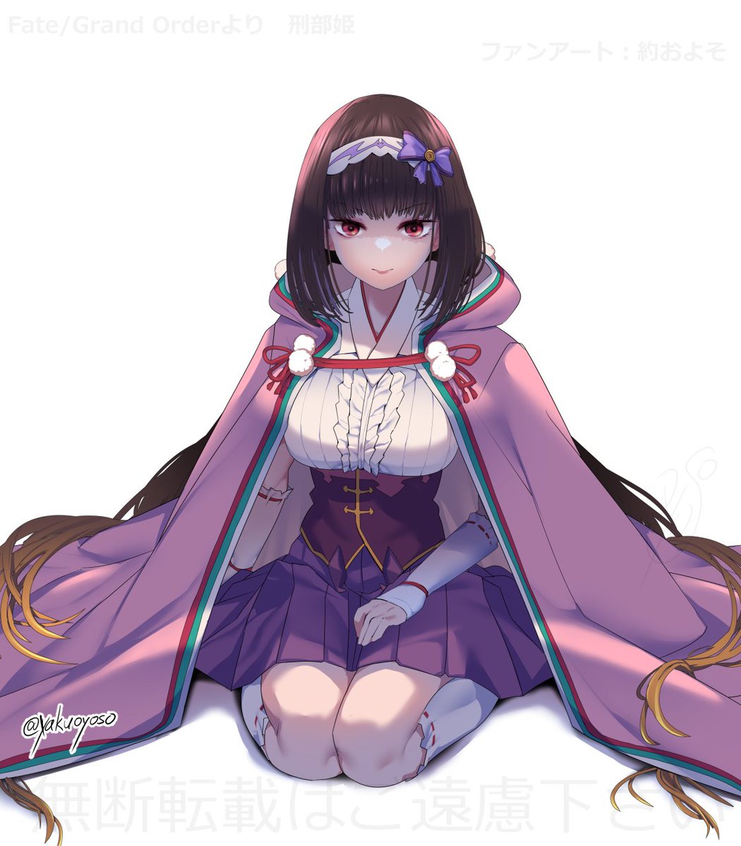 breasts, brown_hair, cape, dress, fate/grand_order, fate_(series), highres, hood, hood_down, large_breasts, long_hair, looking_at_viewer, osakabehime_(fate), pleated_skirt, purple_skirt, red_eyes, skirt, socks, twintails, white_socks, yakuoyoso