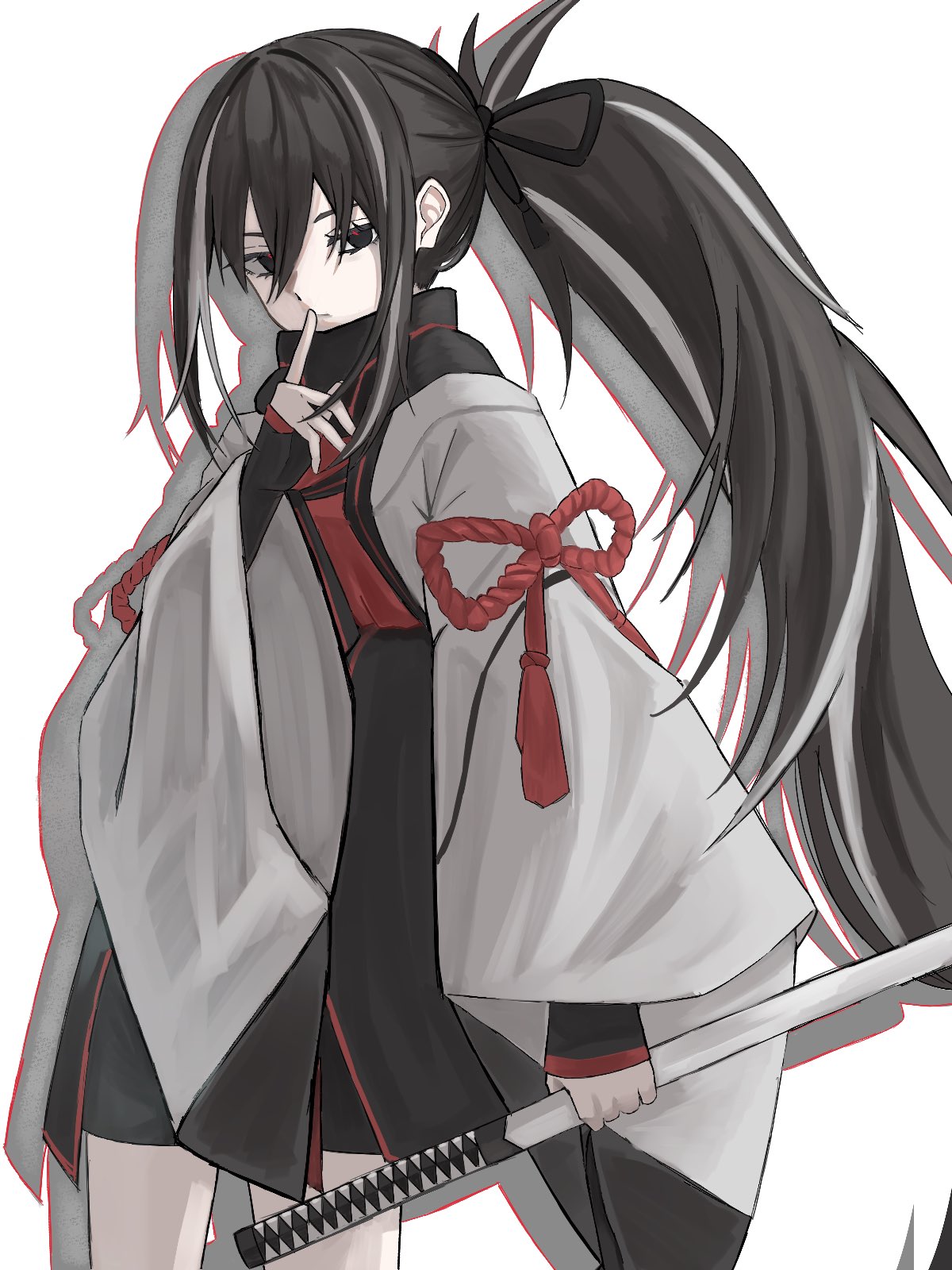black_eyes, black_hair, black_scarf, fate/grand_order, fate_(series), finger_to_mouth, highres, holding