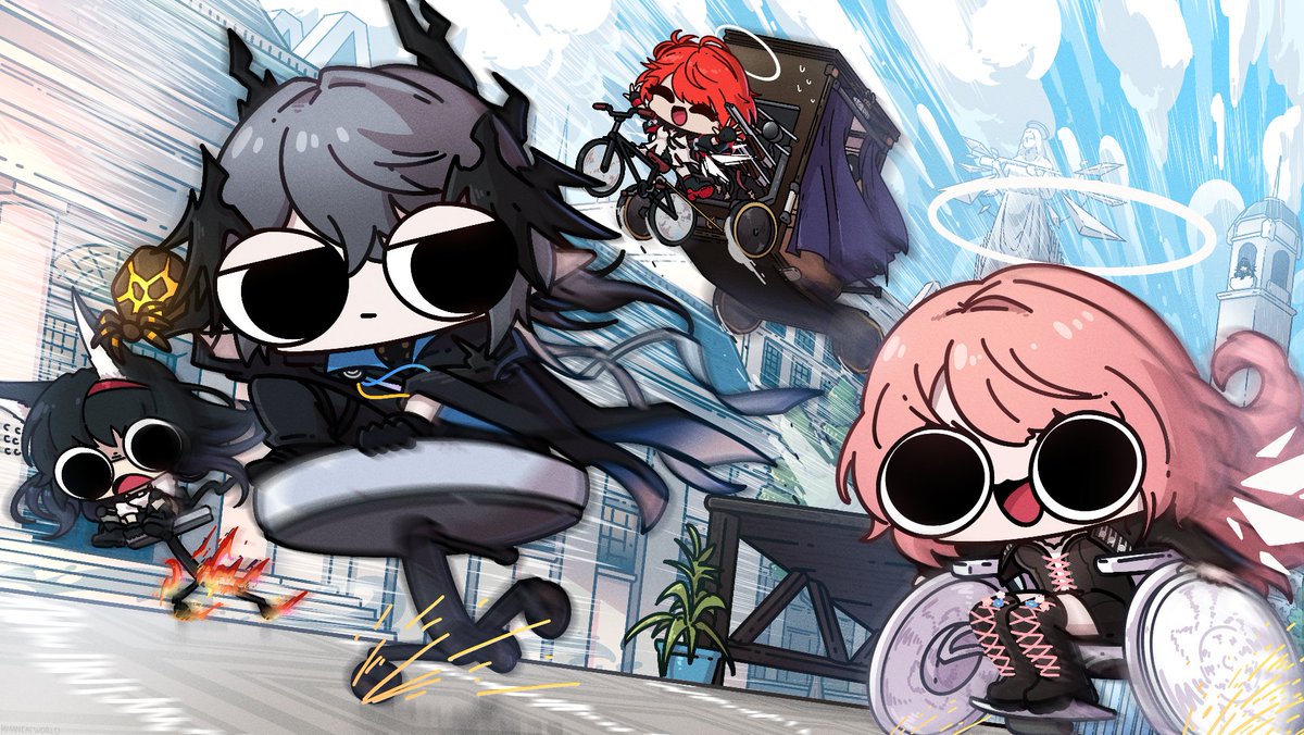 1boy, 3girls, adoptive_siblings, animal_ears, arknights, bicycle, black_gloves, black_hair, black_jacket, blaze_(arknights), blue_sky, boots, cat_ears, cat_girl, closed_eyes, closed_mouth, clouds, cloudy_sky, cropped_jacket, day, demon_boy, detached_wings, energy_wings, exusiai_(arknights), exusiai_the_new_covenant_(arknights), fingerless_gloves, fire, flying, gloves, grey_hair, hair_between_eyes, hairband, halo, head_wings, horns, jacket, lace-up_boots, lemuen_(arknights), logos_(arknights), long_hair, long_sleeves, looking_at_another, miyan_(oceanmaiden), multiple_girls, open_mouth, outdoors, pink_hair, pointy_ears, racing, red_hair, red_hairband, riding, riding_bicycle, shirt, sitting, sky, smile, sparks, thigh_boots, traditional_halo, wheelchair, white_halo, white_shirt, wings, wings_over_eyes