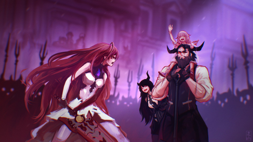 absurdres, artist_request, asymmetrical_horns, beard, black_hair, carrying, carrying_person, colored_inner_hair, demon_horns, elizabeth_rose_bloodflame, facial_hair, gloves, grey_hair, highres, hololive, hololive_english, horns, jailbird_(nerissa_ravencroft), koseki_bijou, long_hair, multicolored_hair, multiple_girls, necktie, nerissa_ravencroft, on_shoulder, open_mouth, paparissa, polearm, red_eyes, red_hair, scar, scar_on_arm, shirt, shoulder_carry, sitting, sitting_on_person, sitting_on_shoulder, size_difference, smile, sword, two-tone_hair, uneven_horns, vest, virtual_youtuber, waving, weapon