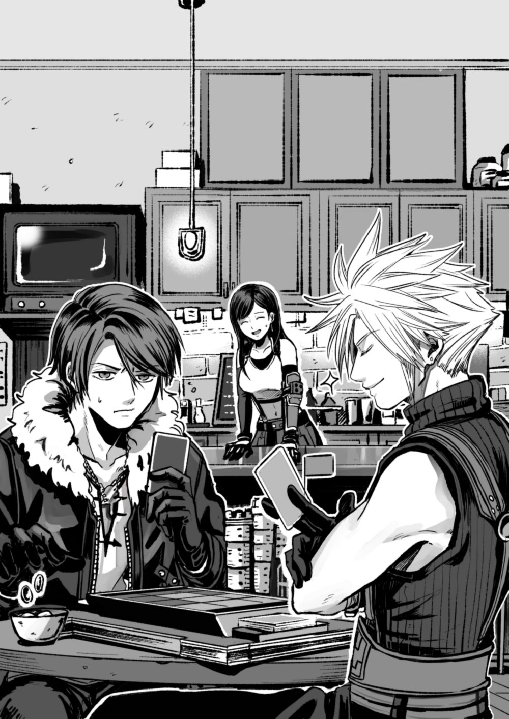 1girl, 2boys, bar_(place), bare_shoulders, belt, black_bra, black_gloves, black_hair