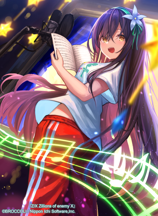 1girl, beamed_eighth_notes, black_hair, book, copyright_notice, eighth_note, flower_hairband, from_below