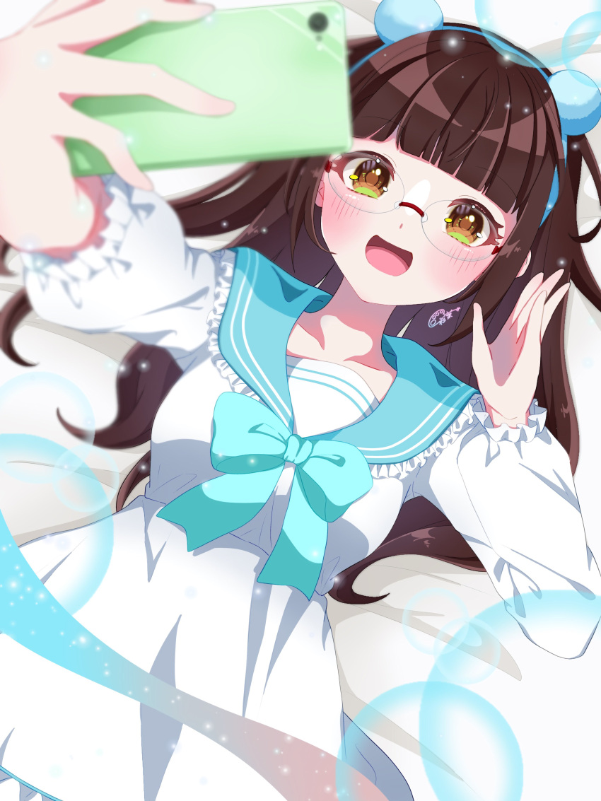 1girl, :d, absurdres, blue_bow, blurry, blurry_foreground, blush, bow