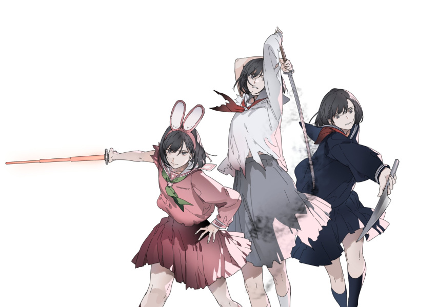3girls, animal_ear_hairband, animal_ears, arms_behind_head, black_hair, black_sailor_collar, black_serafuku, black_shirt, black_skirt, black_socks, breasts, fake_animal_ears, feet_out_of_frame, green_neckerchief, grey_sailor_collar, grey_skirt, hair_between_eyes, hairband, highres, holding, holding_knife, holding_sword, holding_weapon, knife, medium_breasts, midriff_peek, multiple_girls, multiple_views, neckerchief, official_alternate_costume, parted_lips, pink_hairband, pink_sailor_collar, pink_shirt, pink_skirt, rabbit_ears, red_neckerchief, riio, sailor_collar, school_uniform, serafuku, shimizu_hinako, shimizu_hinako_(pink_rabbit_costume), shirt, short_hair, silent_hill_(series), silent_hill_f, skirt, socks, sword, torn_clothes, weapon, white_background, white_shirt, white_socks