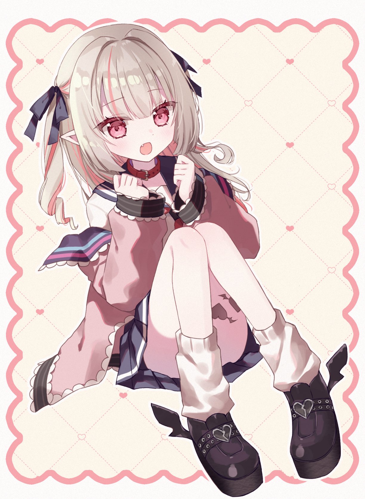 1girl, belt_collar, black_shoes, blue_ribbon, blue_sailor_collar, blue_skirt, blush, collar, colored_inner_hair, convenient_leg, drill_hair, dutch_angle, fang, full_body, grey_hair, hair_intakes, hair_ribbon, hands_up, highres, ichigoprin15, jacket, knees_together_feet_apart, knees_up, leg_tattoo, long_hair, loose_socks, makaino_ririmu, makaino_ririmu_(4th_costume), miniskirt, multicolored_hair, neckerchief, nijisanji, off_shoulder, open_clothes, open_jacket, open_mouth, pink_hair, pink_jacket, pink_streaks, platform_shoes, pleated_skirt, pointy_ears, red_collar, red_eyes, red_neckerchief, ribbon, sailor_collar, school_uniform, serafuku, shirt, shoes, sidelocks, sitting, skirt, sleeves_past_wrists, socks, solo, streaked_hair, tattoo, two-tone_hair, two_side_up, virtual_youtuber, white_background, white_shirt, white_socks, winged_heart, winged_heart_tattoo, winged_shoes