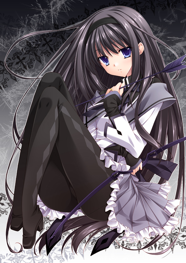 akemi_homura, arrow, black_hair, blue_eyes, blush, bow, bow_(weapon), dress