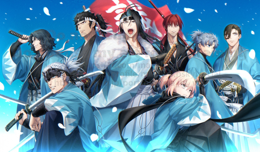 aqua_haori, black_hair, black_hakama, black_kimono, black_scarf, blonde_hair, blue_sky, brown_hair