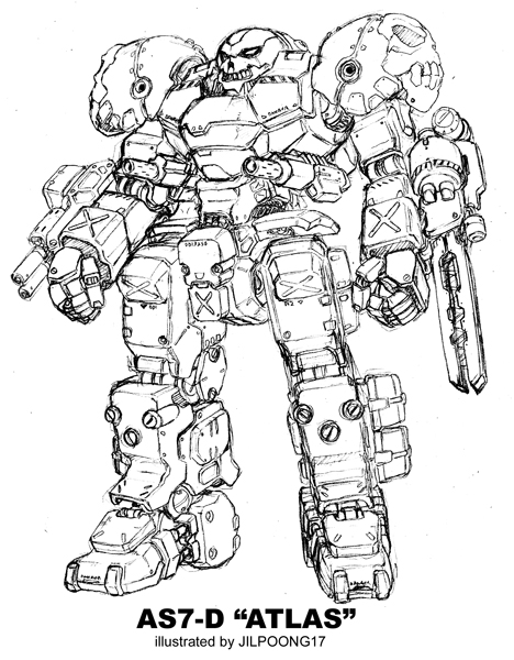 atlas, atlas_(battletech), battletech, jilpoong17, mecha, sketch, skull, weapon