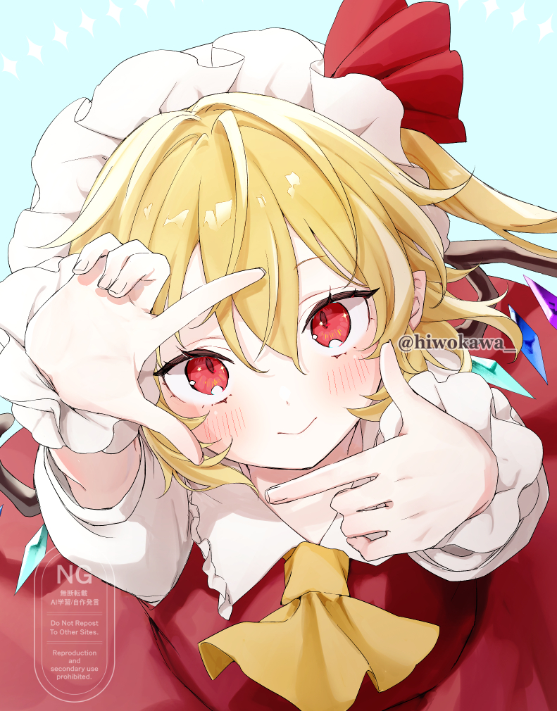 1girl, aqua_background, arms_up, ascot, blonde_hair, closed_mouth, collared_shirt, commentary_request