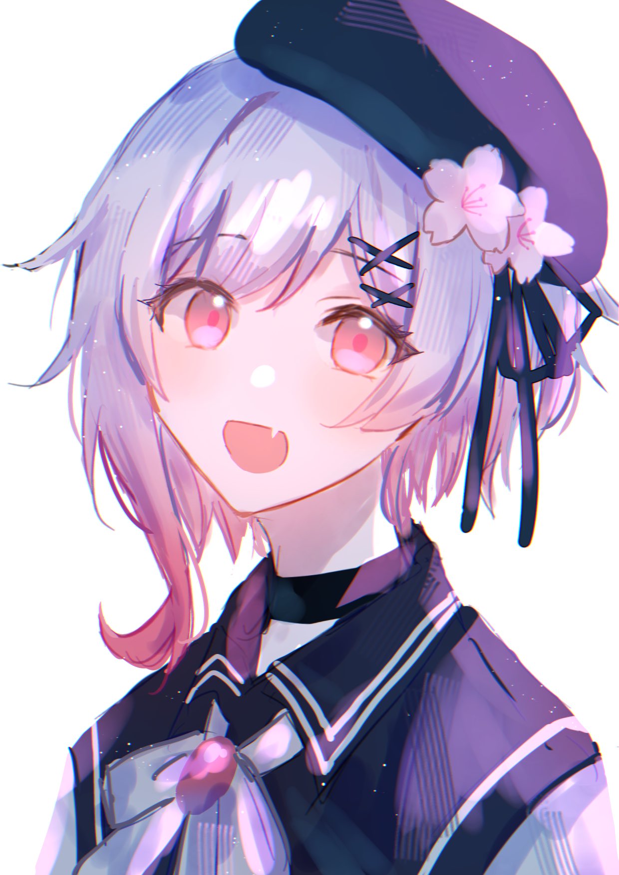 1girl, :d, beret, black_choker, black_hat, cherry_blossoms, choker, commentary_request