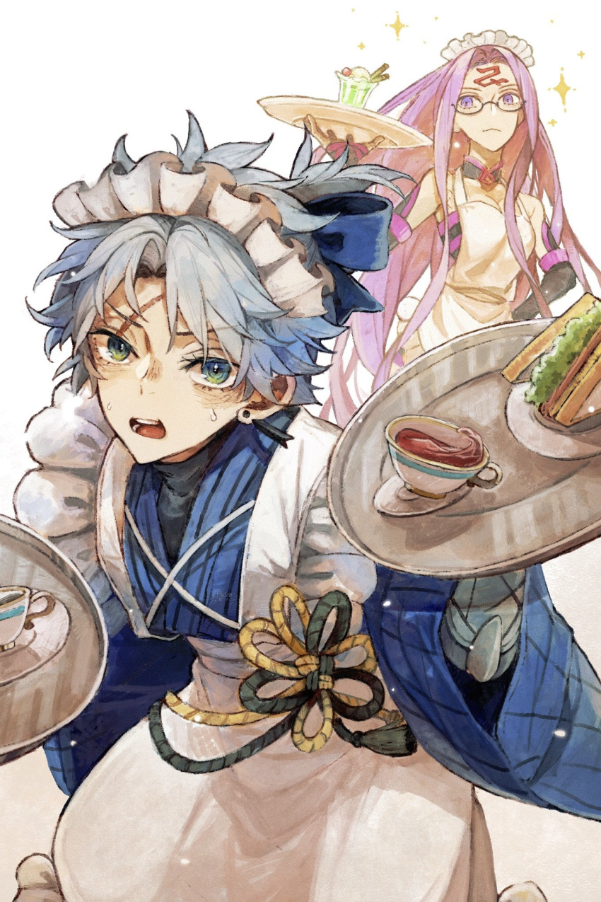 1boy, 1girl, apron, blue_bow, blue_kimono, bow, crossdressing, crossdressing_(mtf)