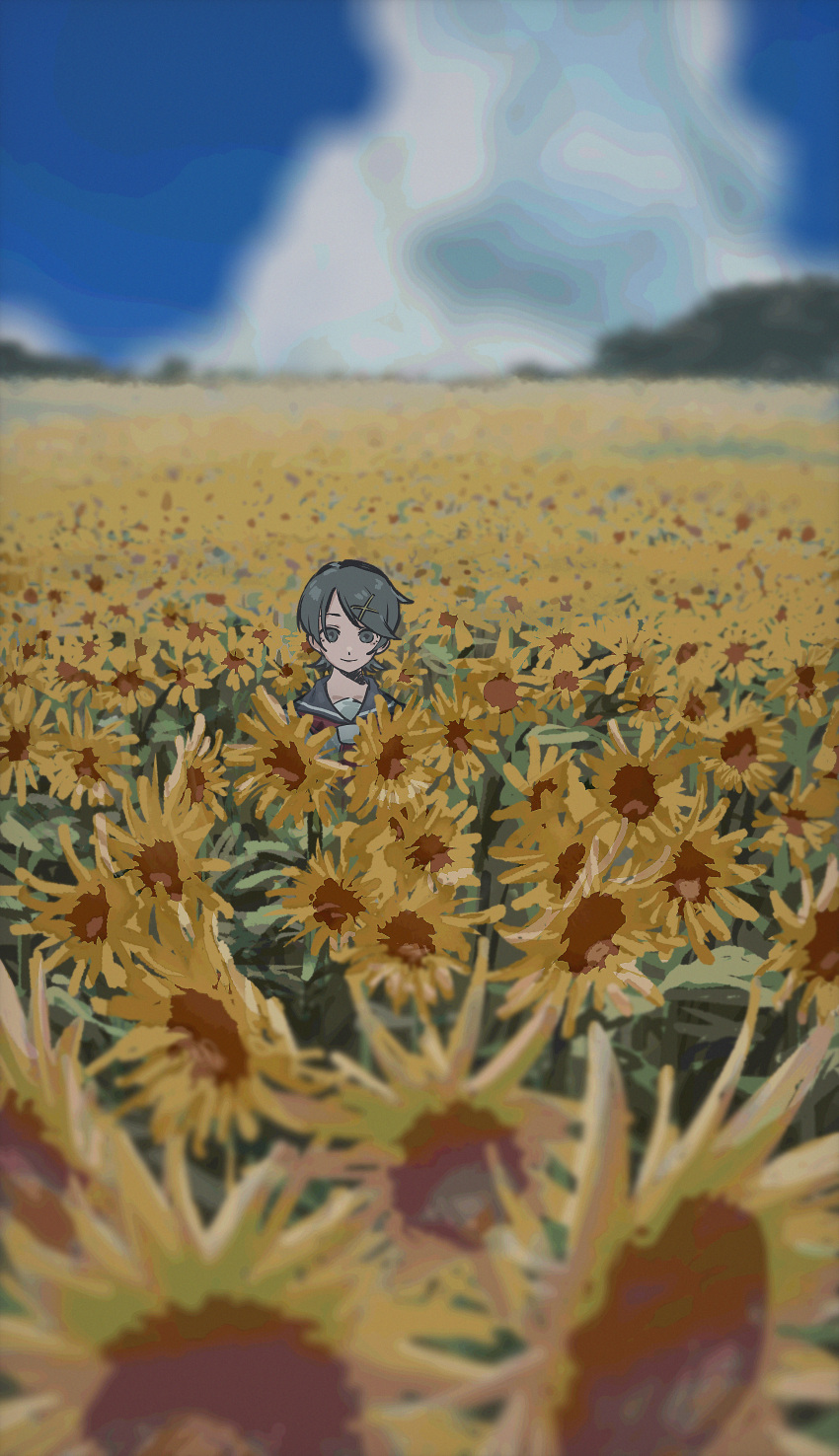 1girl, absurdres, black_sailor_collar, blue_sky, blurry, blurry_background, closed_mouth, clouds