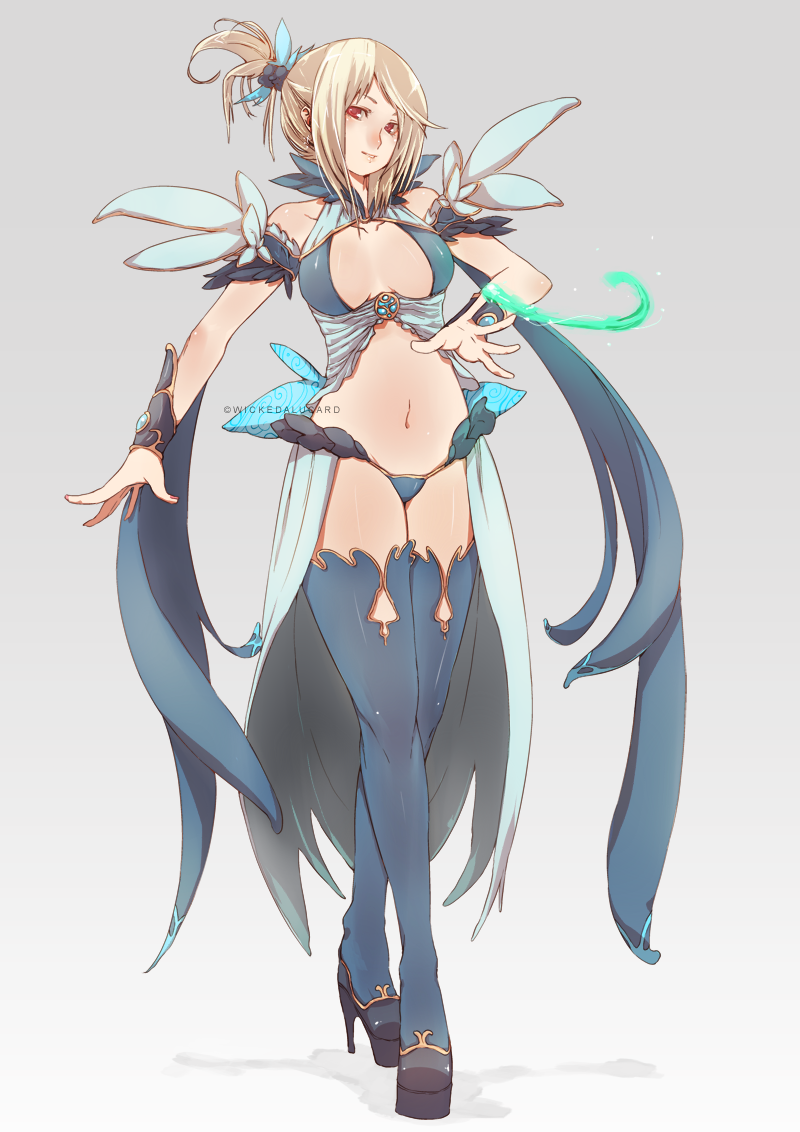 blonde_hair, breasts, cleavage, ian_olympia, magic, midriff, navel, original