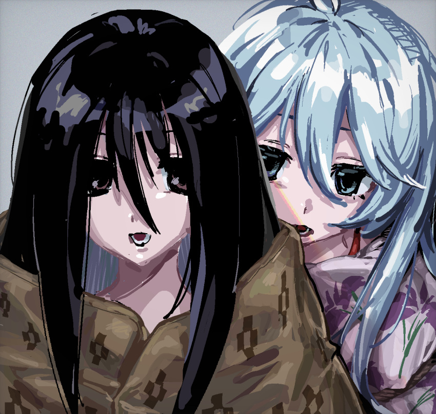 2girls, behind_another, black_hair, blanket, blue_eyes, blue_hair, brown_eyes, commentary_request