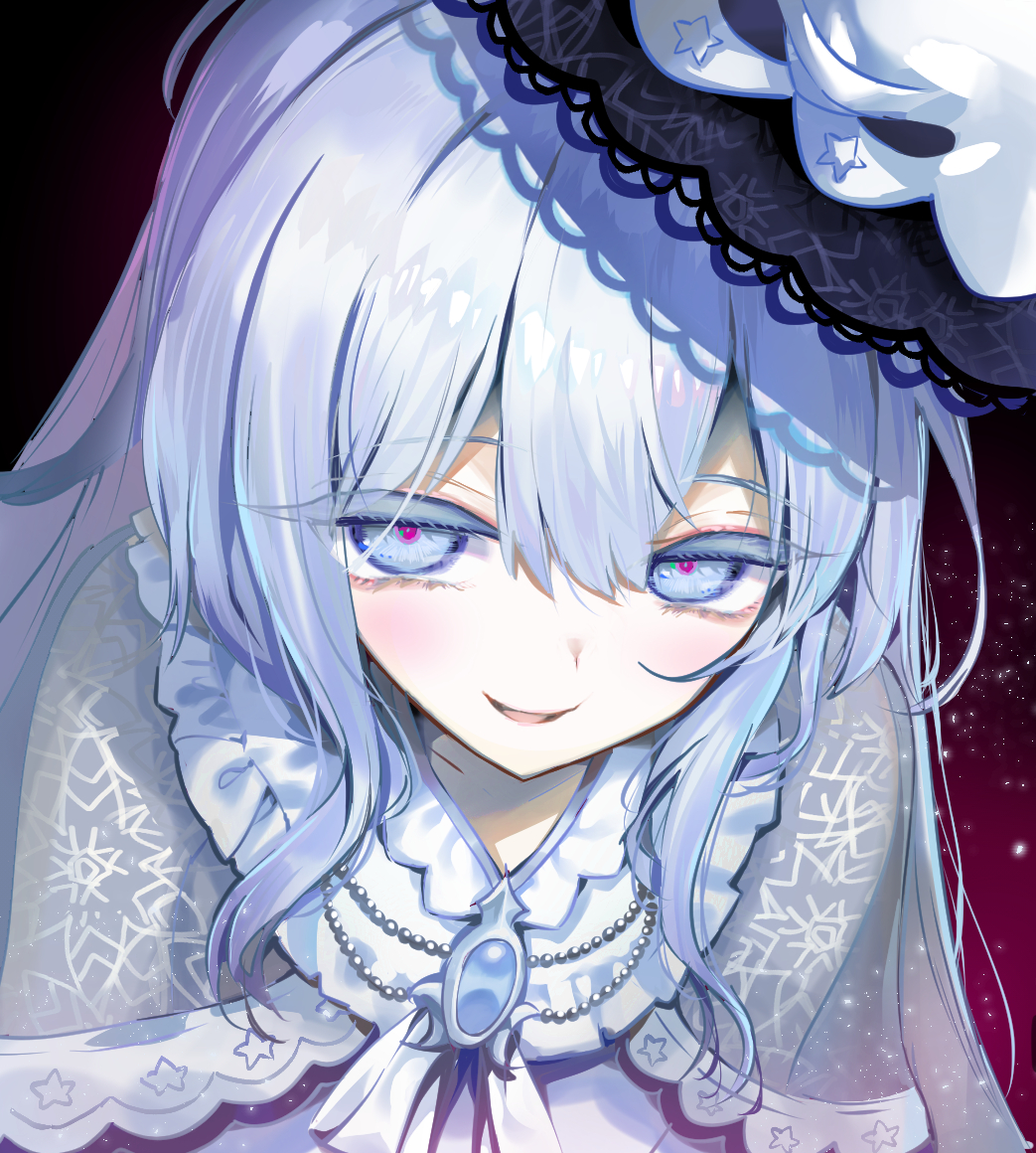 1girl, black_background, black_hat, blue_eyes, brooch, capelet, commentary_request, dress
