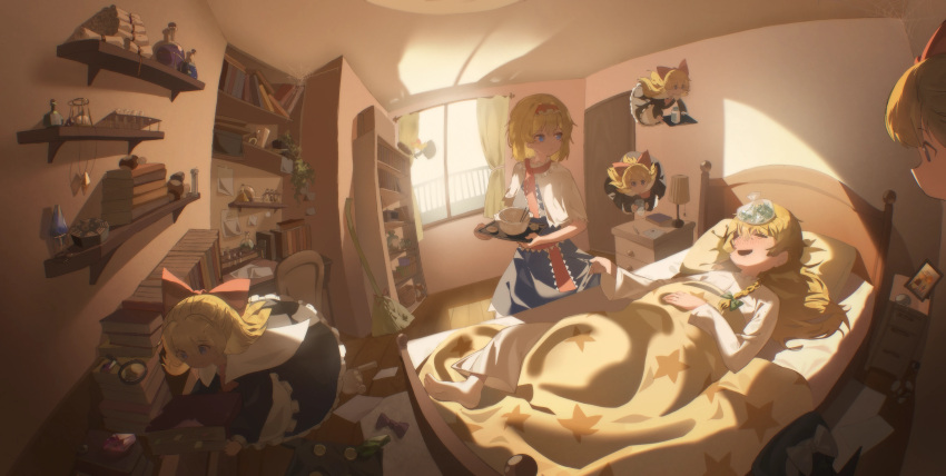2girls, absurdres, alice_margatroid, ascot, barefoot, bedroom, black_vest, blue_dress