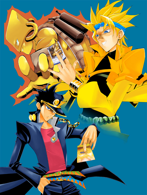 belt, black_hair, blonde_hair, blue_eyes, blue_hair, card, cloak, dio_brando