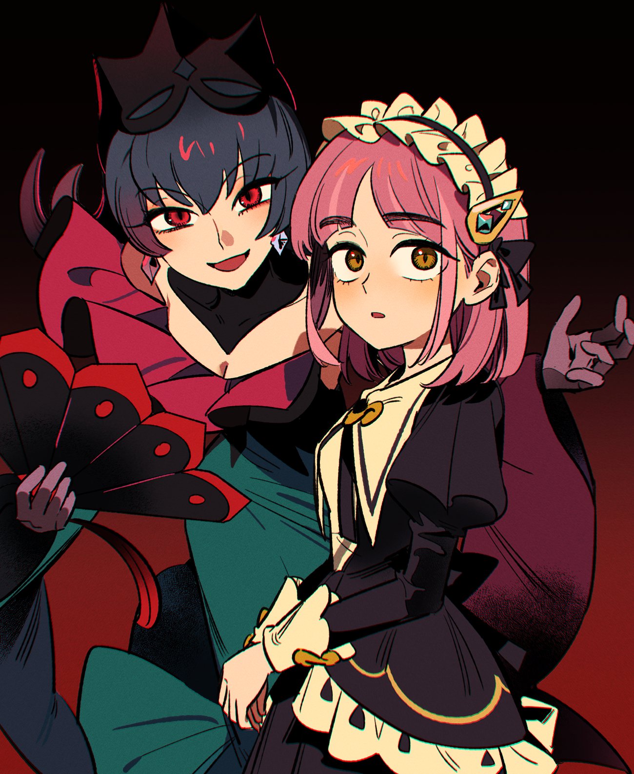 1brad, 2girls, :d, bellelba_(pokemon), black_bow, black_dress, bow, commentary_request, dress, earrings, gloves, green_dress, hair_bow, hair_ornament, hairclip, hand_fan, headdress, highres, jewelry, korean_commentary, lacey_(fall_2025)_(pokemon), long_sleeves, looking_to_the_side, medium_hair, multiple_girls, official_alternate_costume, open_mouth, pokemon, pokemon_bw2, pokemon_masters_ex, purple_gloves, red_eyes, sabrina_(pokemon), smile
