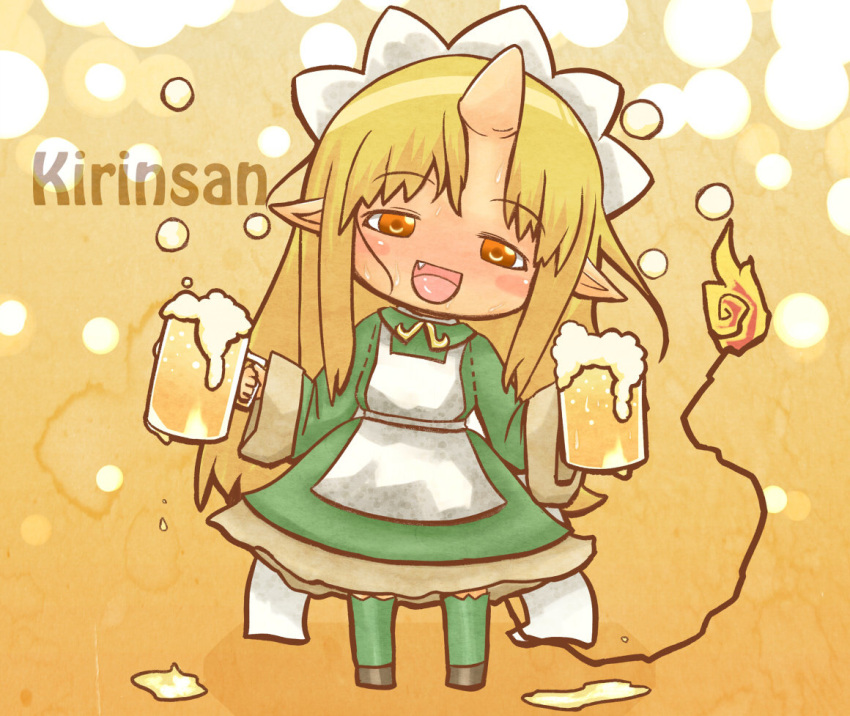 apron, beer, blonde_hair, blush_stickers, character_request, chibi, cup, english, fang, foam, futaba_channel, horn, kirin_(nijiura_maid), long_hair, maid, maid_headdress, nijiura_maids, open_mouth, orange_eyes, personification, pointy_ears, solo, sweat, tail