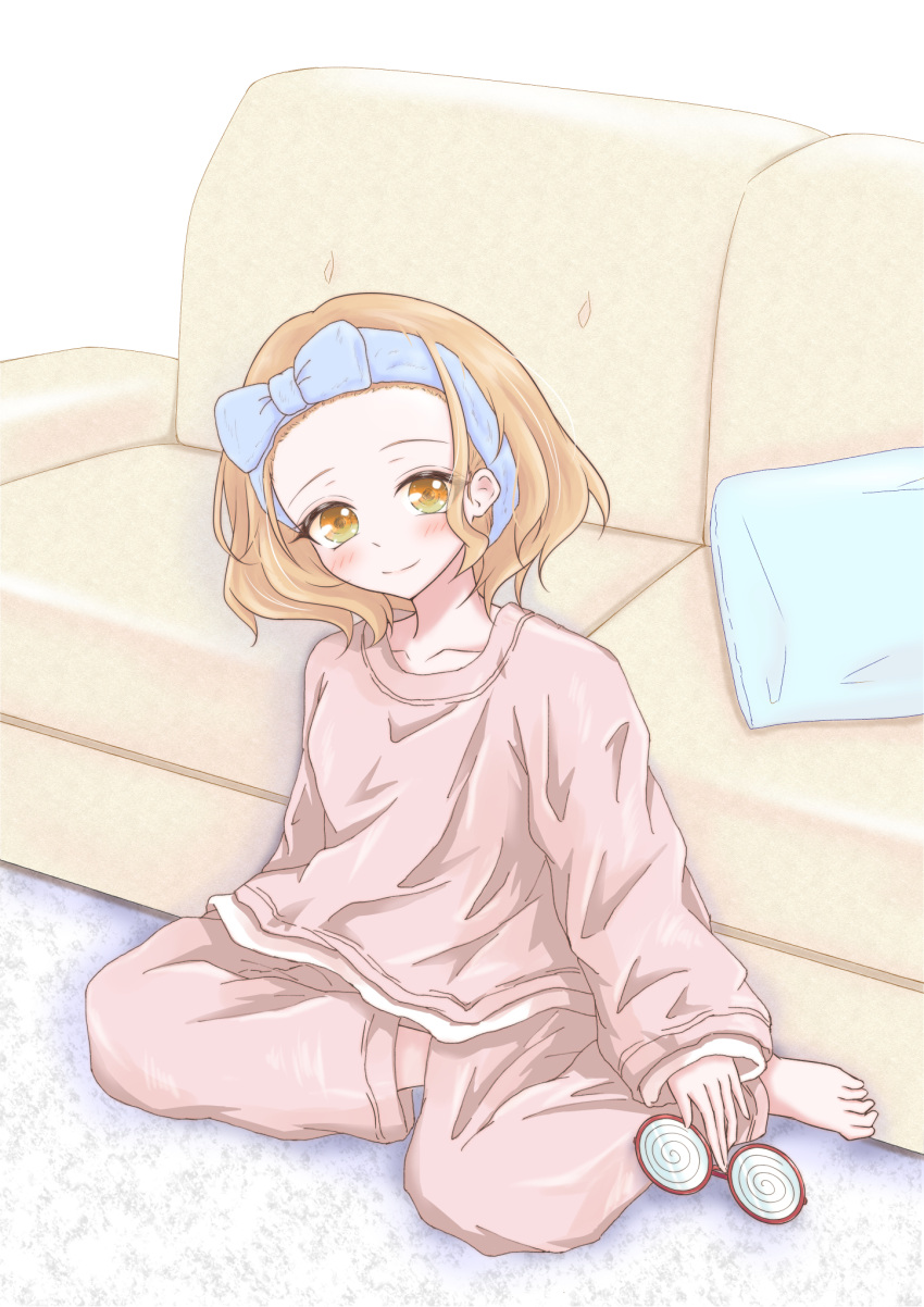 1girl, alternate_hairstyle, assault_lily, barefoot, blue_bow, blue_hairband, blush, bow