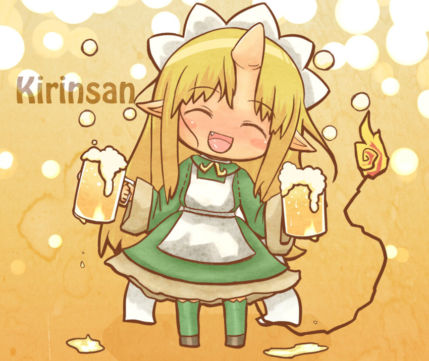 apron, beer, blonde_hair, blush_stickers, character_request, chibi, closed_eyes, cup, english, eyes_closed, fang, foam, futaba_channel, horn, kirin_(nijiura_maid), long_hair, maid, maid_headdress, nijiura_maids, open_mouth, personification, pointy_ears, solo, tail