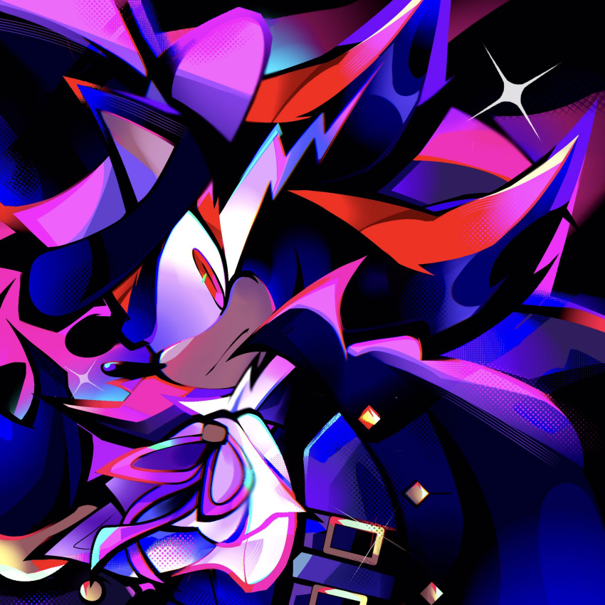 1boy, animal_nose, ascot, black_cape, black_fur, black_hat, cape, chromatic_aberration, closed_mouth, commentary, frown, furry, furry_male, glint, hat, hedgehog_boy, highres, kuroiyuki96, looking_at_viewer, male_focus, multicolored_fur, red_eyes, red_fur, shadow_the_hedgehog, shadow_the_hedgehog_(vampire), solo, sonic_(series), symbol-only_commentary, top_hat, white_ascot, white_fur