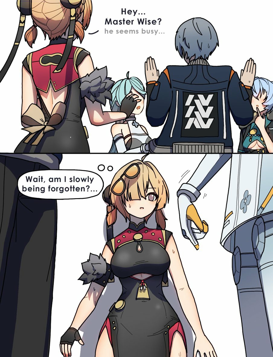 1boy, dorahdew, long_hair, lucia_(zenless_zone_zero), multiple_girls, seed_(zenless_zone_zero), short_hair, sweety_(zenless_zone_zero)