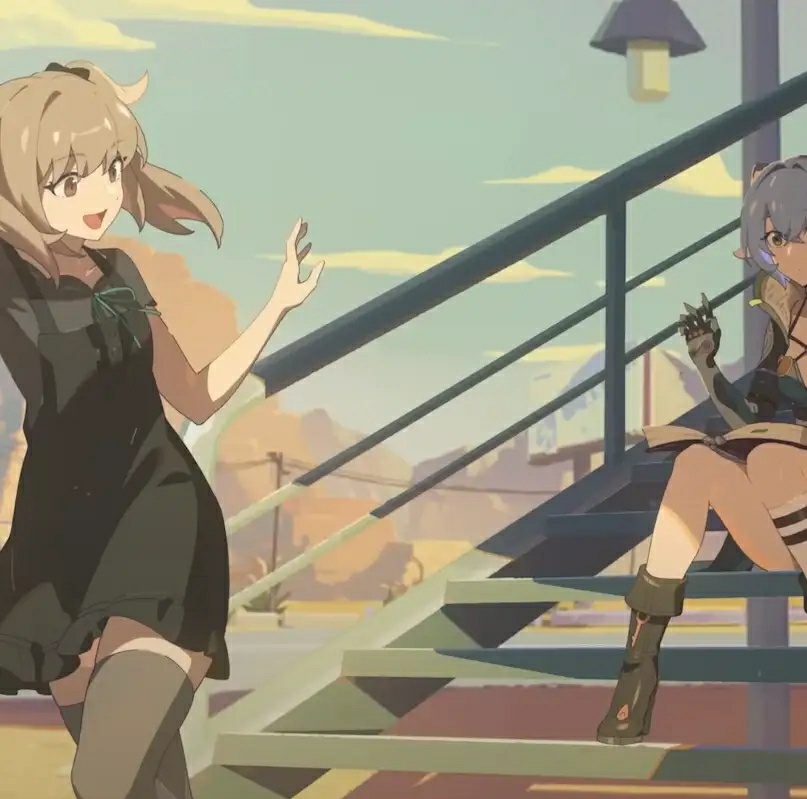 long_hair, lucia_(zenless_zone_zero), lucia_elowen, medium_hair, multiple_girls, official_art, running, zenless_zone_zero
