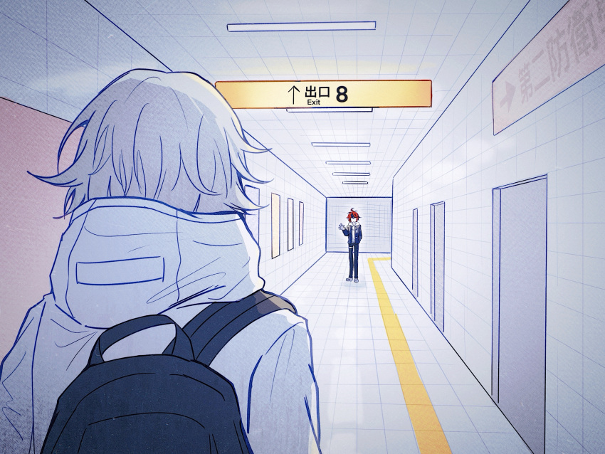 2boys, absurdres, ahoge, aotsuki_eito, backpack, bag, bilingual_text, black_bag