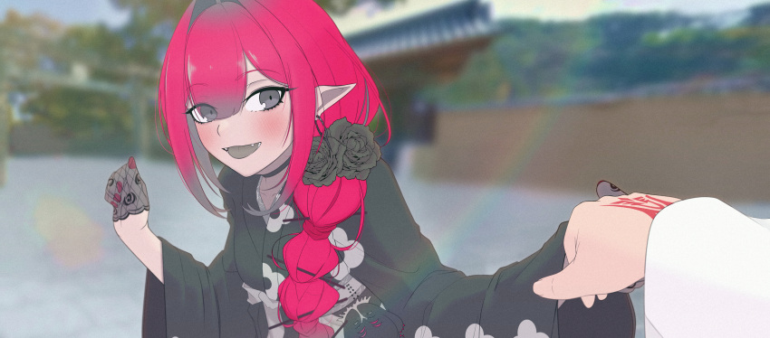 1girl, absurdres, baobhan_sith_(fate), baobhan_sith_(over_the_same_sky)_(fate), black_kimono, blush, breasts, choker