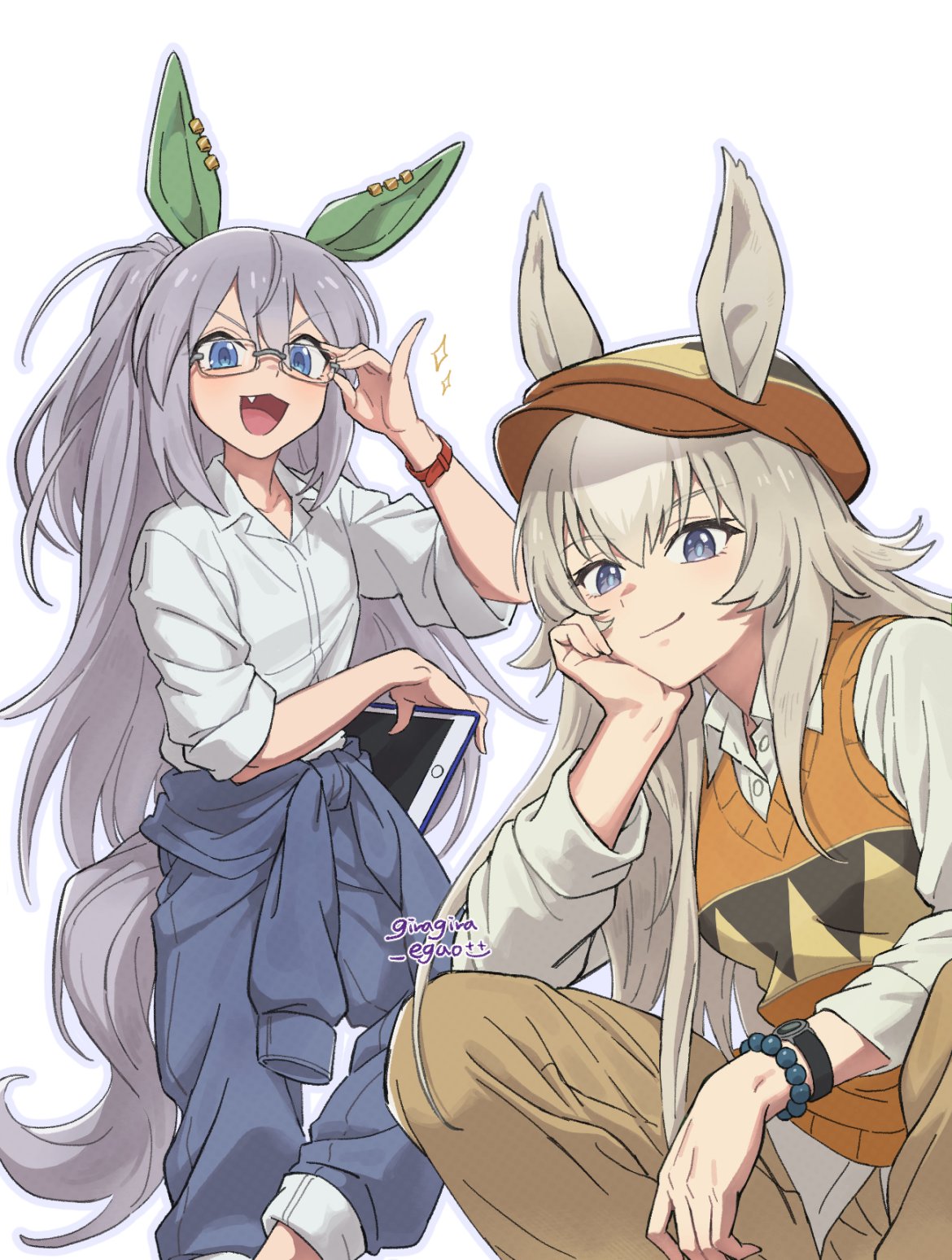 2girls, animal_ears, bead_bracelet, beads, blue_eyes, blue_pants, bracelet, brown_pants, closed_mouth, clothes_around_waist, collared_shirt, cosplay, ear_covers, ears_through_headwear, fang, flat_cap, giragira_egao, glasses, grey_hair, grey_tail, hair_between_eyes, hat, head_rest, highres, horse_ears, horse_girl, horse_tail, jacket, jacket_around_waist, jewelry, kitahara_jou, kitahara_jou_(cosplay), long_hair, long_sleeves, multicolored_hair, multiple_girls, oguri_cap_(umamusume), open_mouth, pants, shirt, simple_background, smile, sweater, tail, tamamo_cross_(umamusume), twinbee, umamusume, umamusume:_cinderella_gray, very_long_hair, watch, watch, white_background, white_shirt