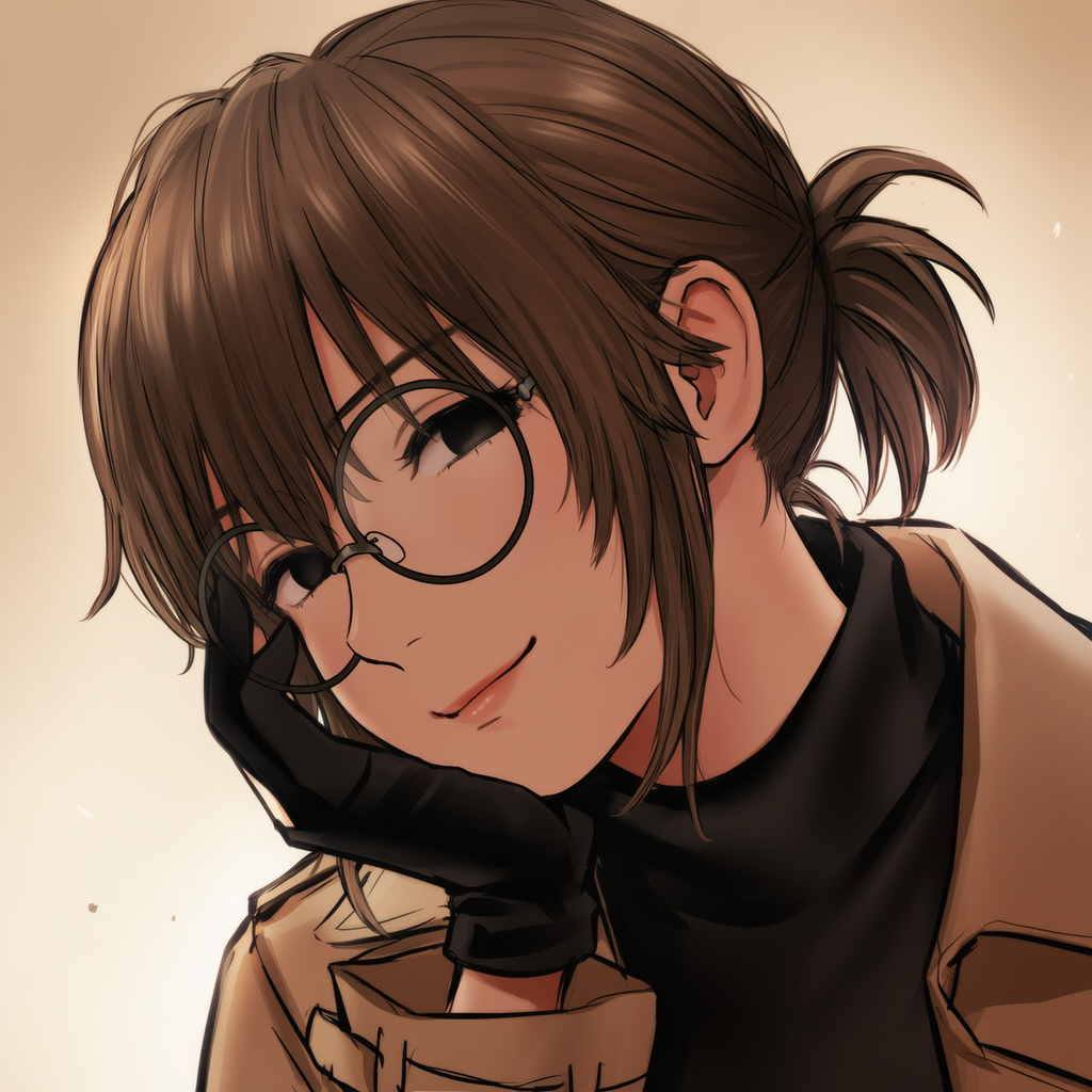 1girl, aizawa_midori, black_eyes, black_gloves, brown_hair, brown_jacket, glasses, gloves