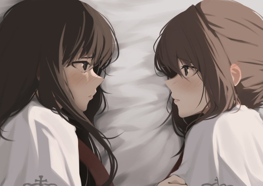 2girls, absurdres, black_eyes, blush, brown_hair, capelet, closed_mouth, commentary