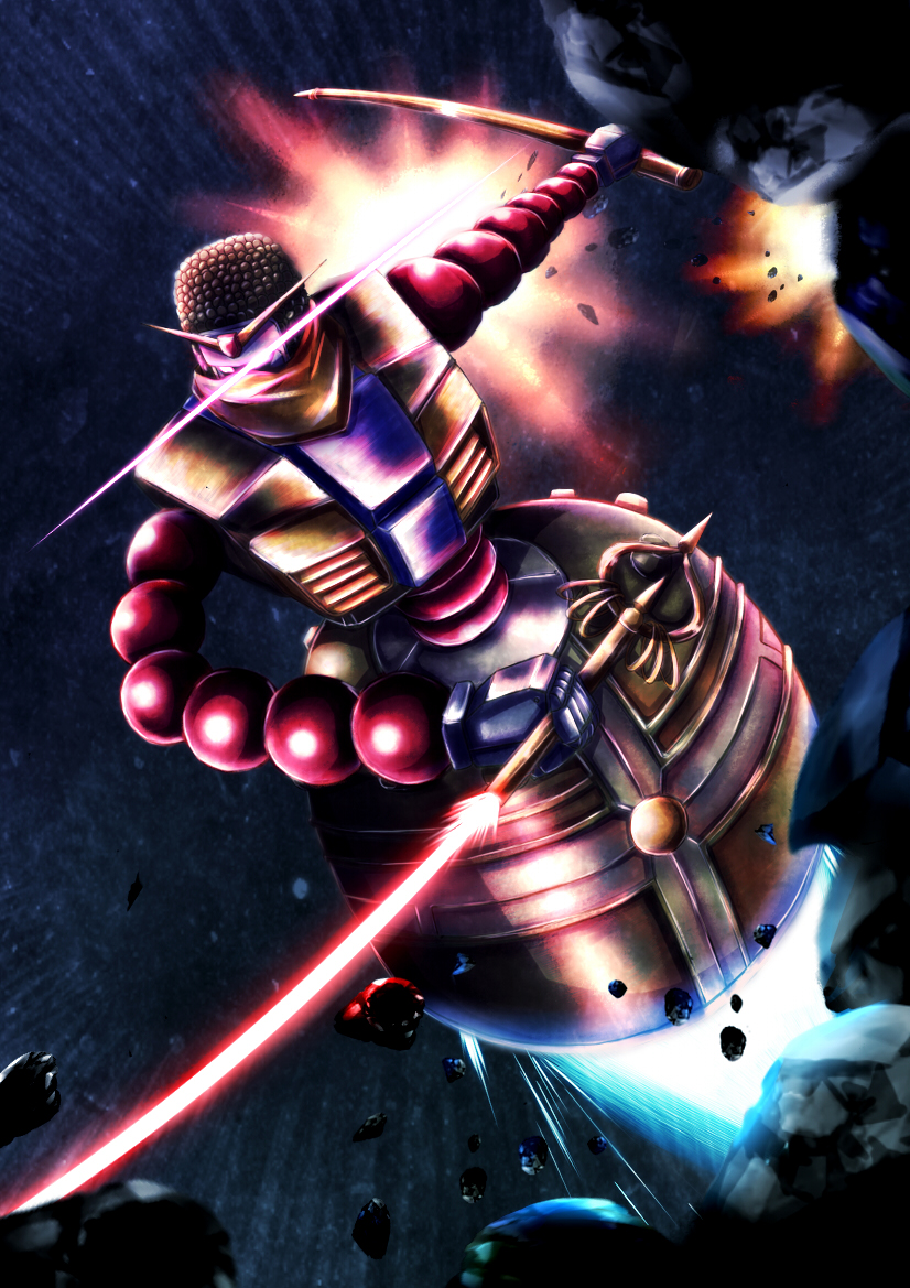 blue_fire, energy_sword, fire, g_gundam, glowing, glowing_eyes, gundam, holding