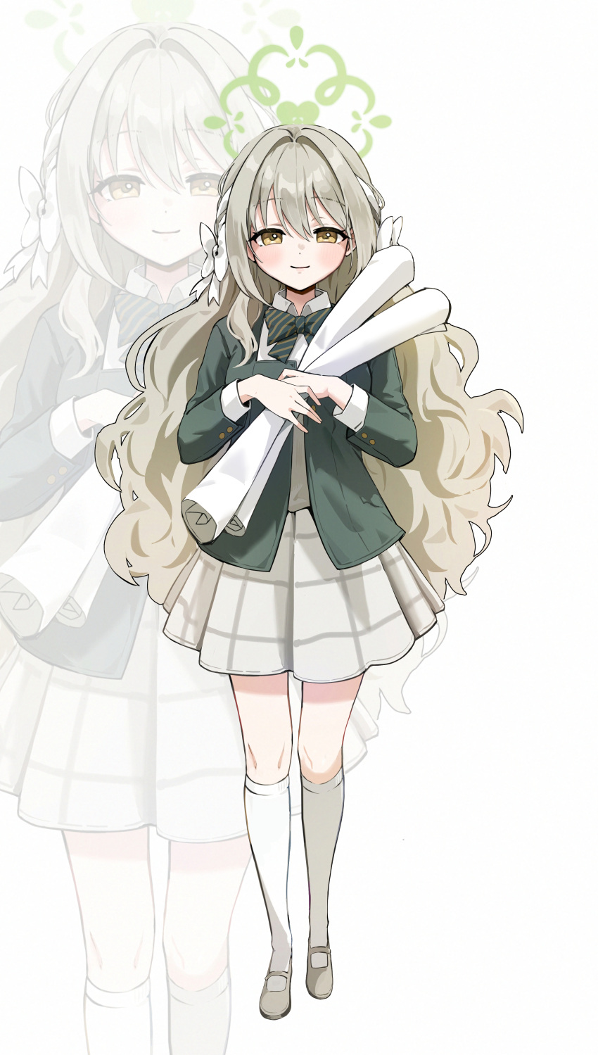 1girl, absurdres, blonde_hair, blue_archive, bow, bowtie, braid, brown_eyes, choppy_bangs, diagonal-striped_bow, diagonal-striped_bowtie, diagonal-striped_clothes, flower_halo, green_bow, green_bowtie, green_halo, grey_skirt, hair_between_eyes, hair_bow, hair_ribbon, halo, ham_(hamparty), highres, long_hair, long_sleeves, miniskirt, miyo_(blue_archive), plaid_clothes, plaid_skirt, ribbon, ribbon_braid, shirt, skirt, smile, socks, striped_bow, striped_bowtie, striped_clothes, very_long_hair, white_bow, white_shirt, white_socks, zoom_layer
