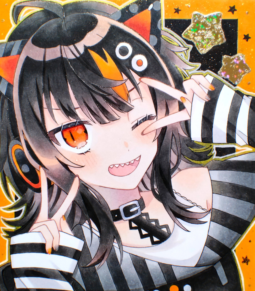 1girl, ;d, absurdres, ahoge, akatsuki_nea, animal_ear_headphones, animal_ears, black_hair, border, cat_ear_headphones, cat_ears, commentary_request, double_v, fake_animal_ears, headphones, highres, long_hair, long_sleeves, looking_at_viewer, magical_girl, mahou_shoujo_no_majo_saiban, multicolored_hair, one_eye_closed, open_mouth, orange_border, orange_eyes, sawatari_coco, sharp_teeth, sleeves_past_wrists, smile, solo, star_(symbol), streaked_hair, teeth, traditional_media, upper_body, v, v_over_eye
