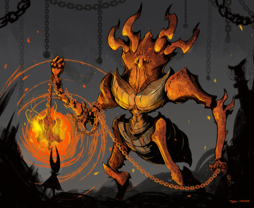 2girls, absurdres, armor, boss_fight, chain, fire, giant, highres