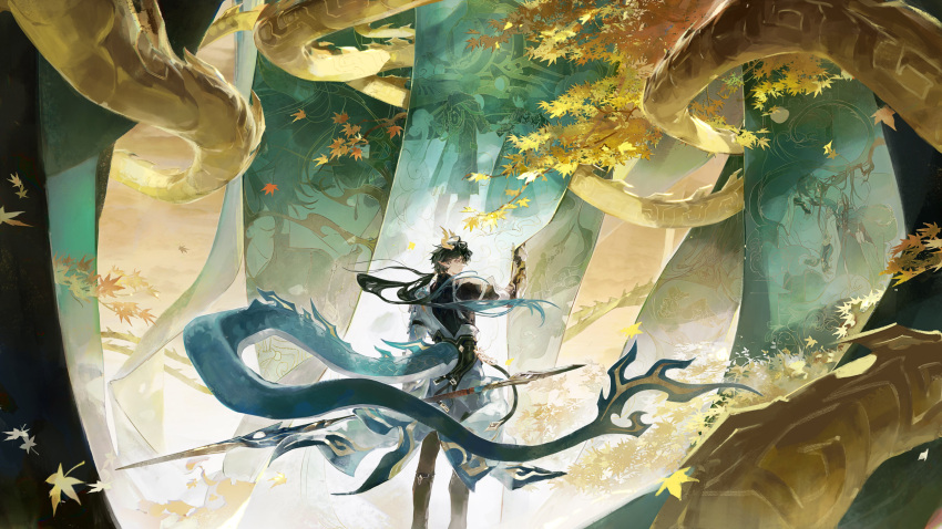 1boy, absurdres, black_hair, black_pants, dan_heng_(honkai:_star_rail), dragon, dragon_boy, dragon_horns