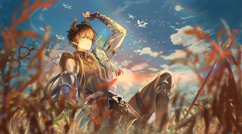 1boy, arm_up, bird, black_gloves, black_hair, black_pants, clouds, dan_heng_(honkai:_star_rail)