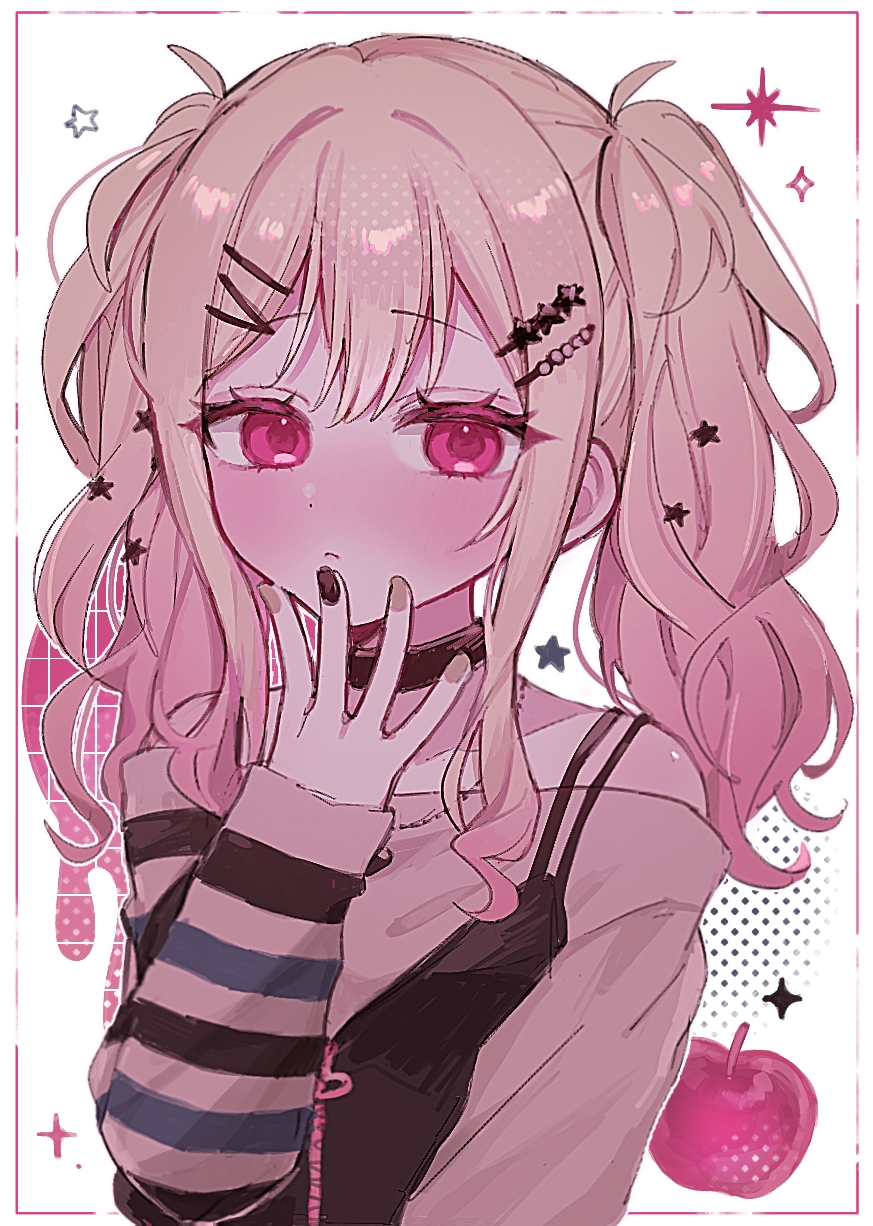 1girl, apple, bare_shoulders, blonde_hair, blush, choker, commentary, dot_nose