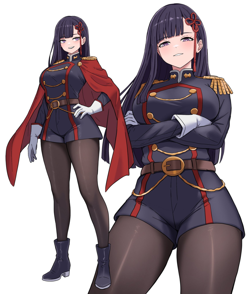 1girl, ankle_boots, anti-demon_corps_uniform, arms_under_breasts, belt, black_boots, black_jacket, black_pantyhose