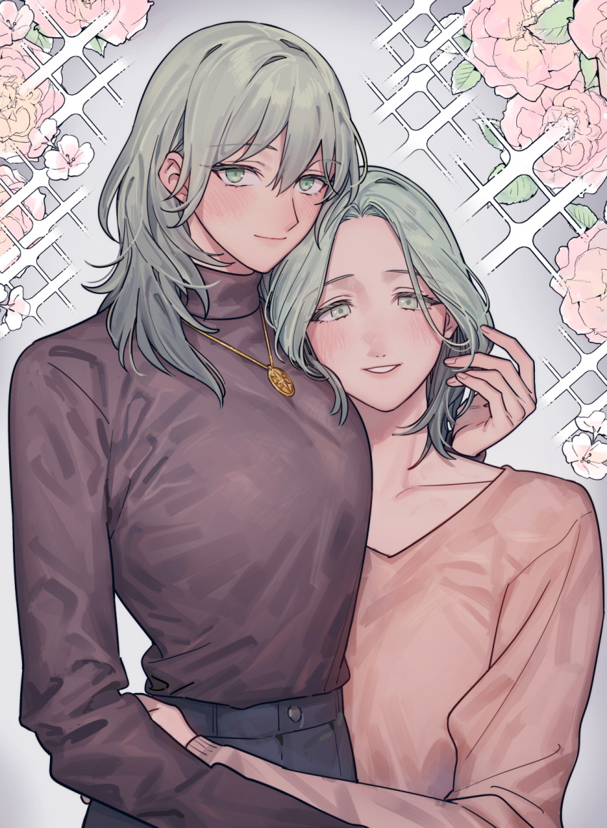 2girls, alternate_costume, black_sweater, blush, breasts, closed_mouth, commentary_request, female_byleth_(awakened)_(fire_emblem)