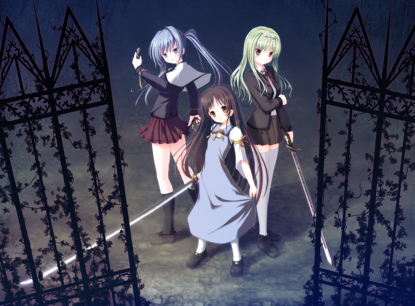 bad_id, blue_eyes, blue_hair, brown_eyes, brown_hair, derringer, dress, dual_wielding