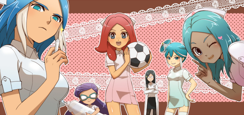 ball, barazono_han, black_hair, blue_eyes, blue_hair, breasts, cleavage, glasses