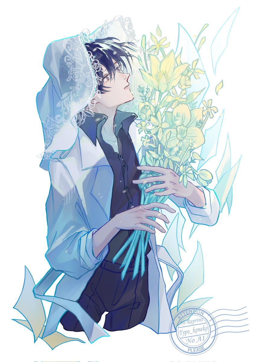 1boy, black_eyes, black_hair, black_shirt, bouquet, bridal_veil, coat, collared_shirt, cowboy_shot, falling_petals, flower_request, highres, holding, holding_bouquet, kim_dokja, male_focus, omniscient_reader's_viewpoint, open_clothes, open_coat, petals, popped_collar, shirt, short_hair, solo, typo_koneko, veil, white_coat