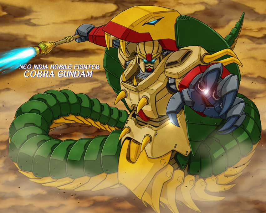 aqua_eyes, character_name, clawed_hands, cobra_(animal), cobra_gundam, commentary_request, desert, dust, energy_sword, fangs, fuji_shuuji, g_gundam, glint, glowing, glowing_eyes, gundam, holding, holding_polearm, holding_weapon, joints, looking_at_viewer, mecha, mobile_suit, no_humans, no_pupils, outdoors, polearm, robot, robot_joints, science_fiction, snake, snake_tail, solo, sword, tail, v-fin, weapon