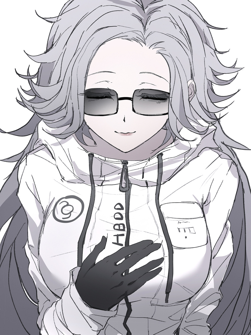 1girl, 7tannnnnn, absurdres, aotsuki_eito, black_gloves, breast_pocket, breasts, closed_eyes
